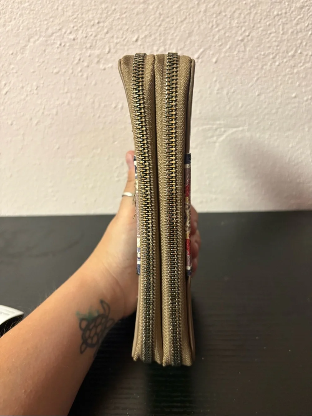 Vintage Style Double Zip Wallet Taupe Print Organizer Clutch